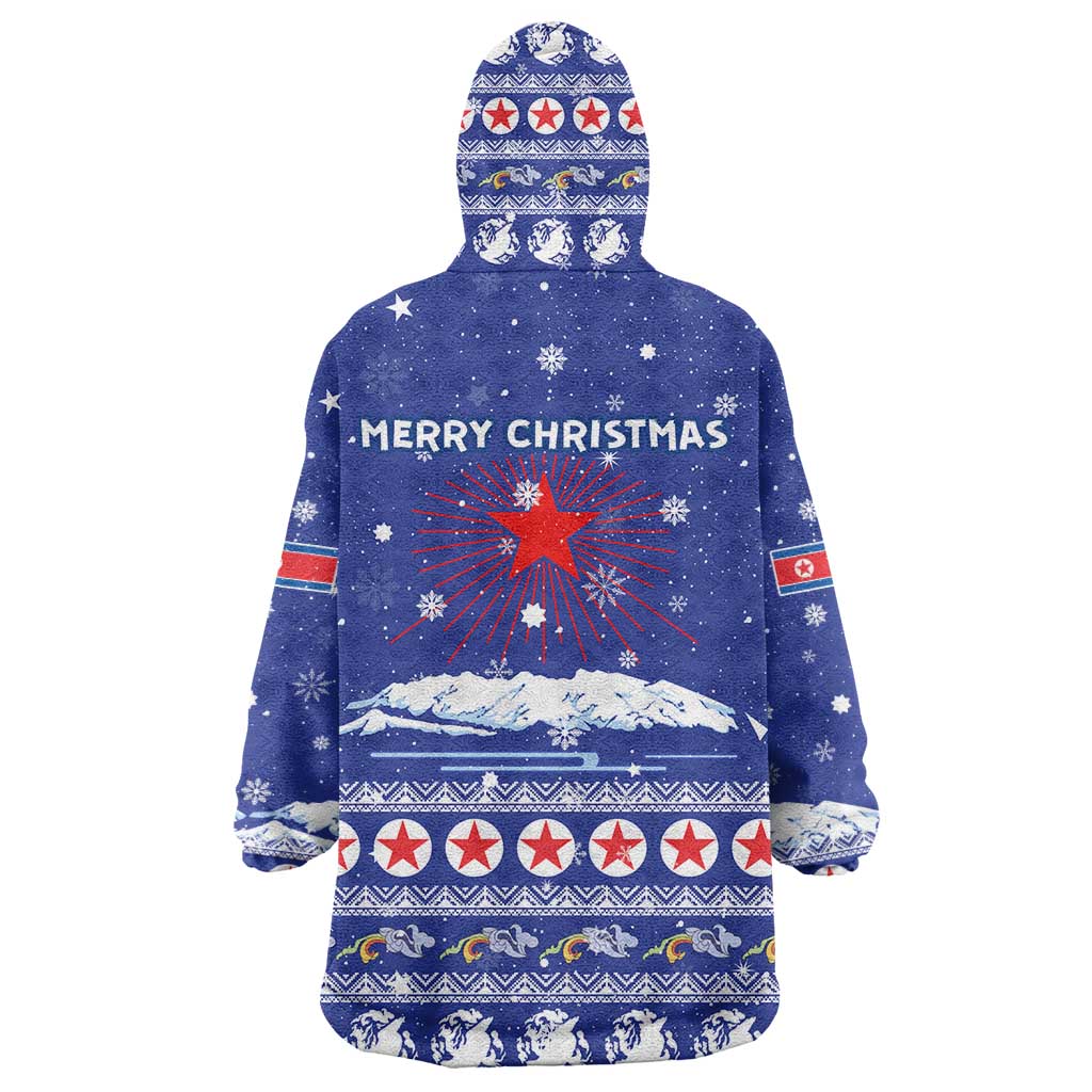 North Korea Christmas Wearable Blanket Hoodie with Blue Pattern, Red Star, and Snowy Mountain Motif - Wonder Print Shop