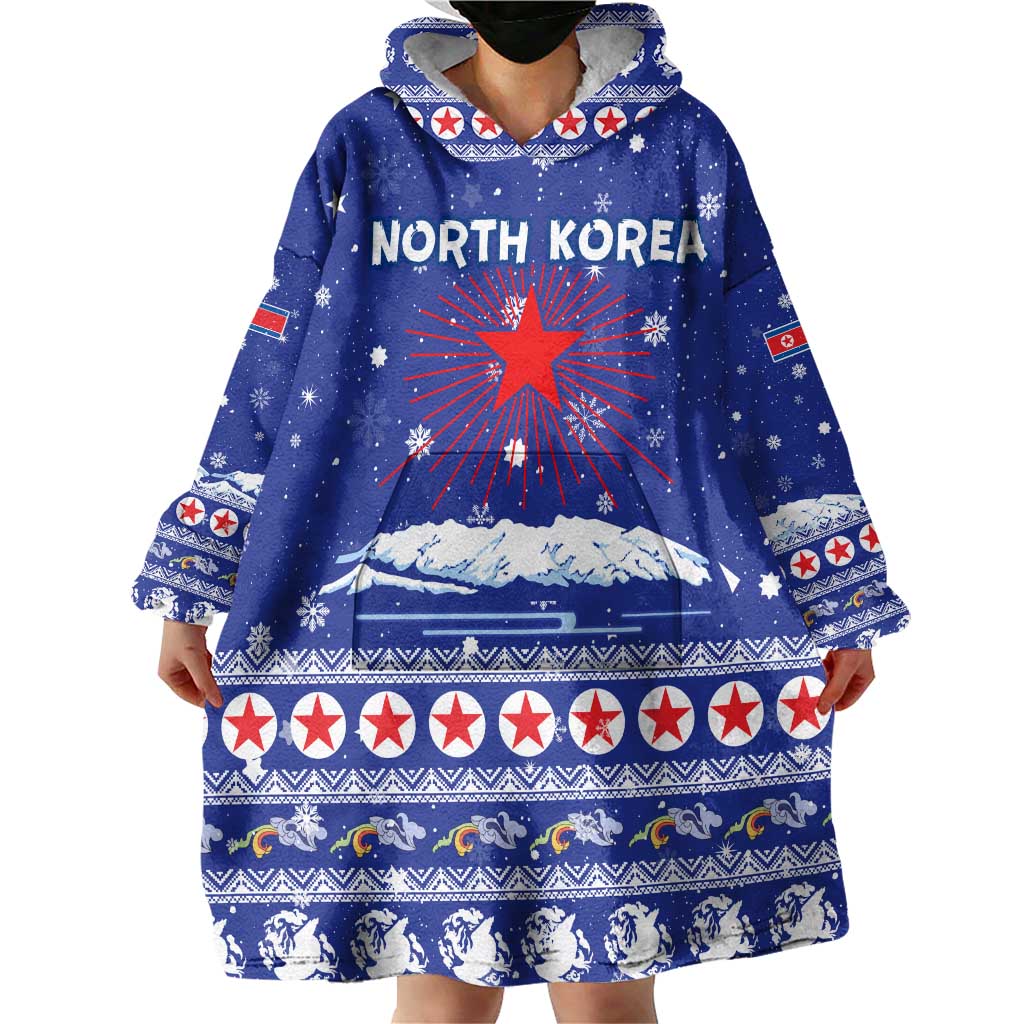 North Korea Christmas Wearable Blanket Hoodie with Blue Pattern, Red Star, and Snowy Mountain Motif - Wonder Print Shop