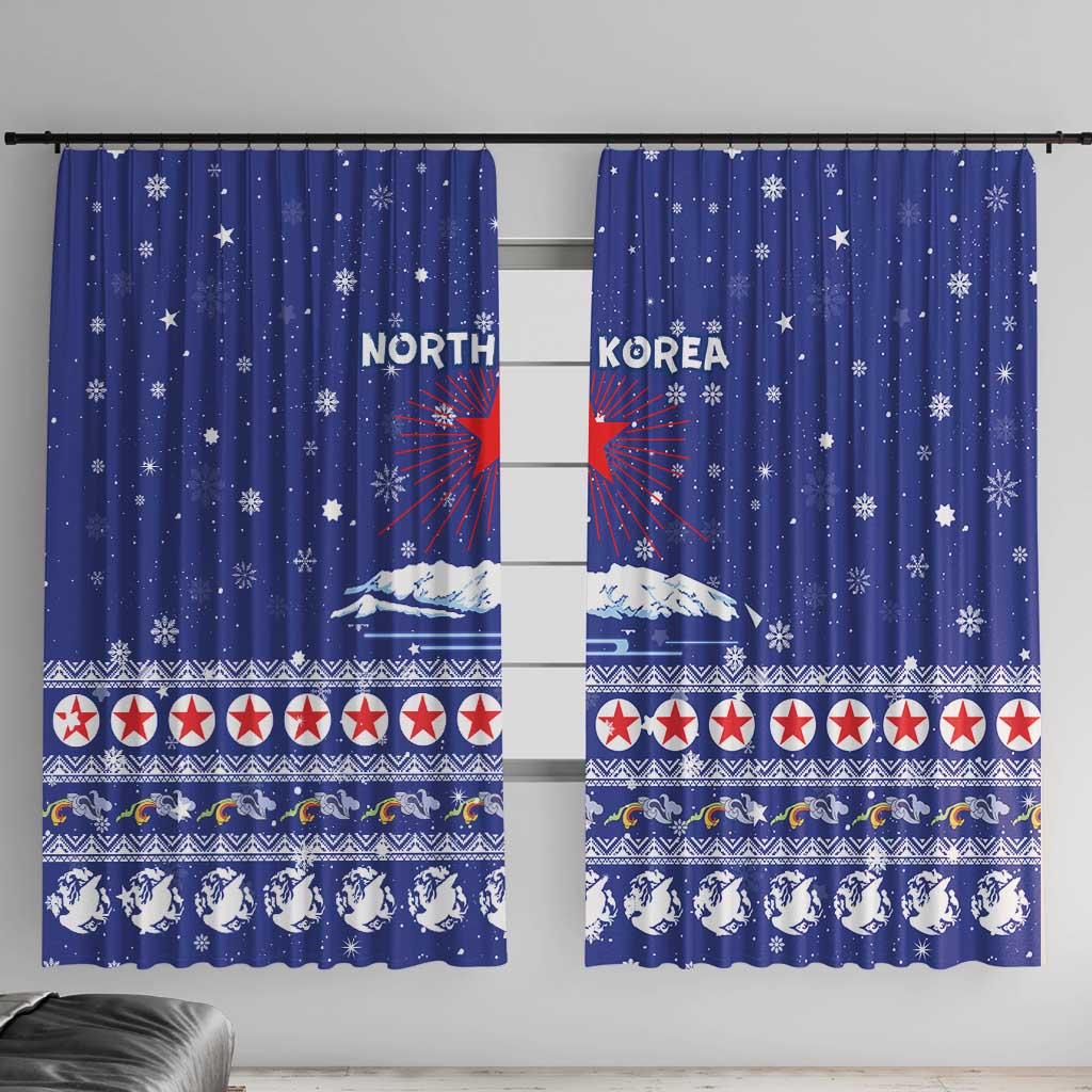 North Korea Christmas Window Curtain with Blue Pattern, Red Star, and Snowy Mountain Motif - Wonder Print Shop