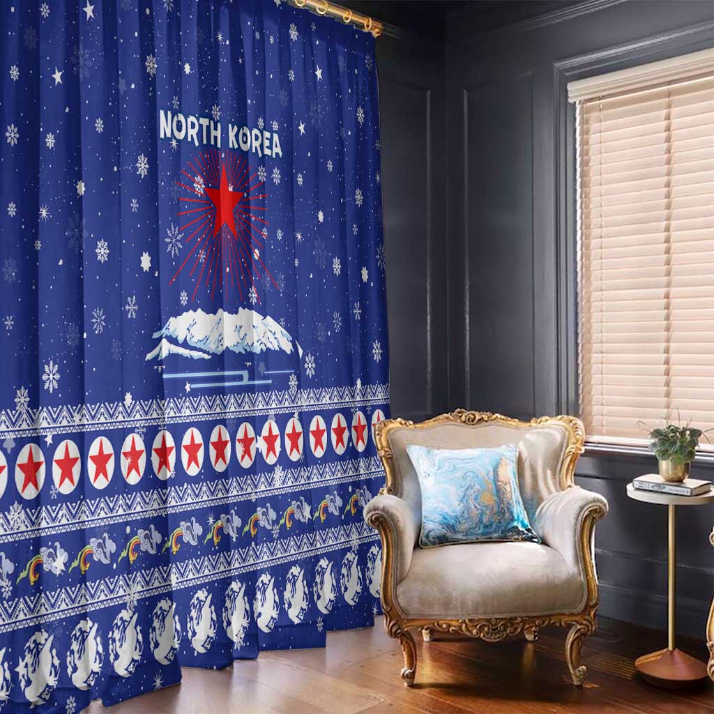 North Korea Christmas Window Curtain with Blue Pattern, Red Star, and Snowy Mountain Motif - Wonder Print Shop