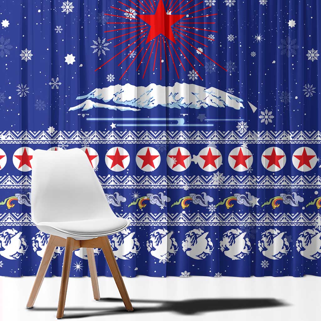 North Korea Christmas Window Curtain with Blue Pattern, Red Star, and Snowy Mountain Motif - Wonder Print Shop