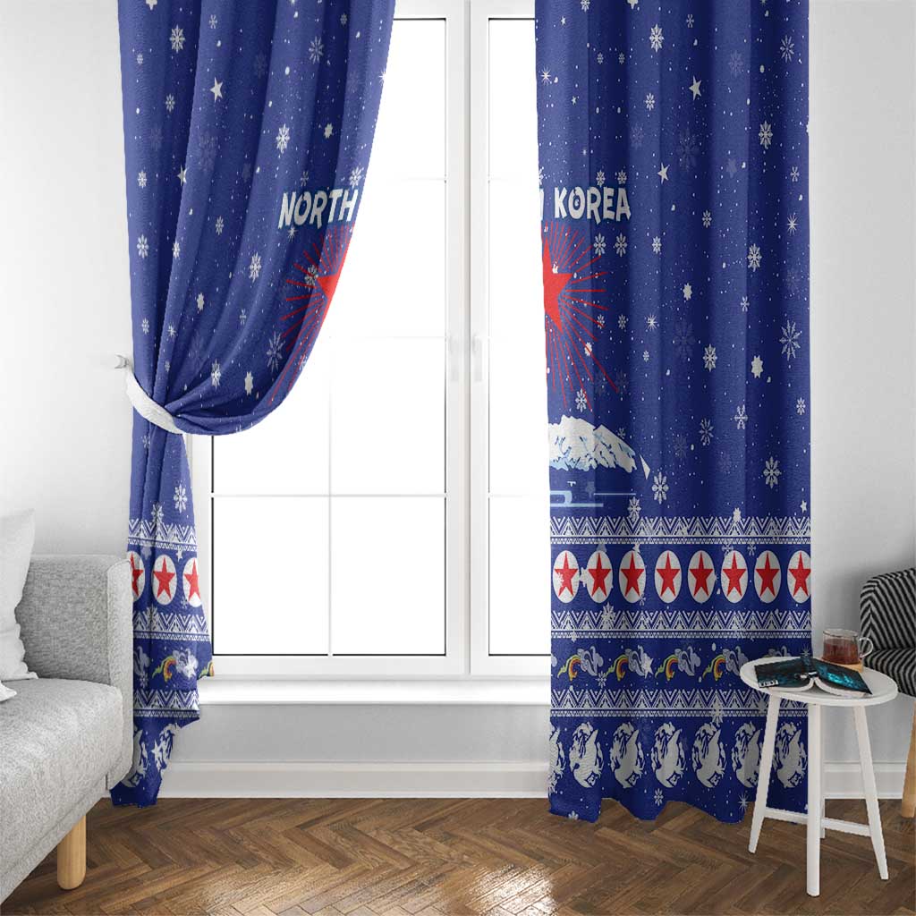 North Korea Christmas Window Curtain with Blue Pattern, Red Star, and Snowy Mountain Motif - Wonder Print Shop