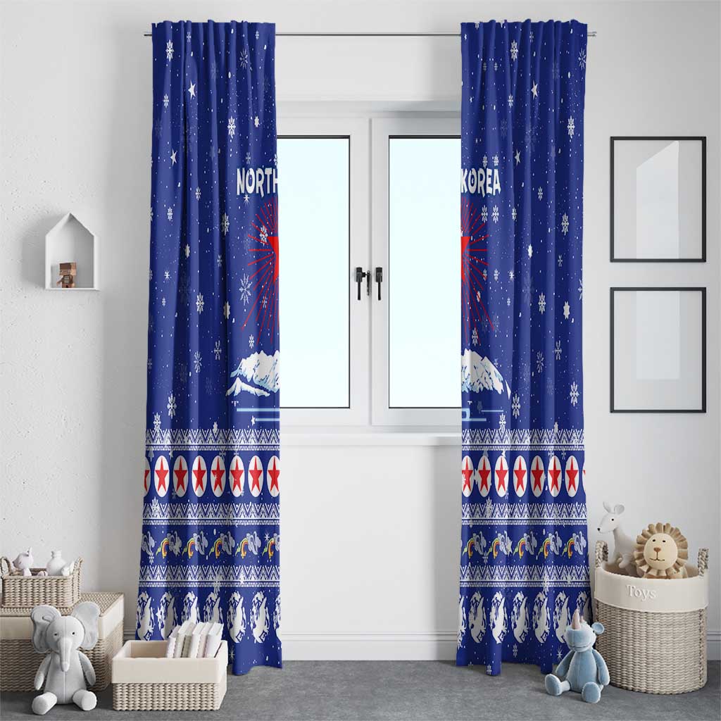 North Korea Christmas Window Curtain with Blue Pattern, Red Star, and Snowy Mountain Motif - Wonder Print Shop