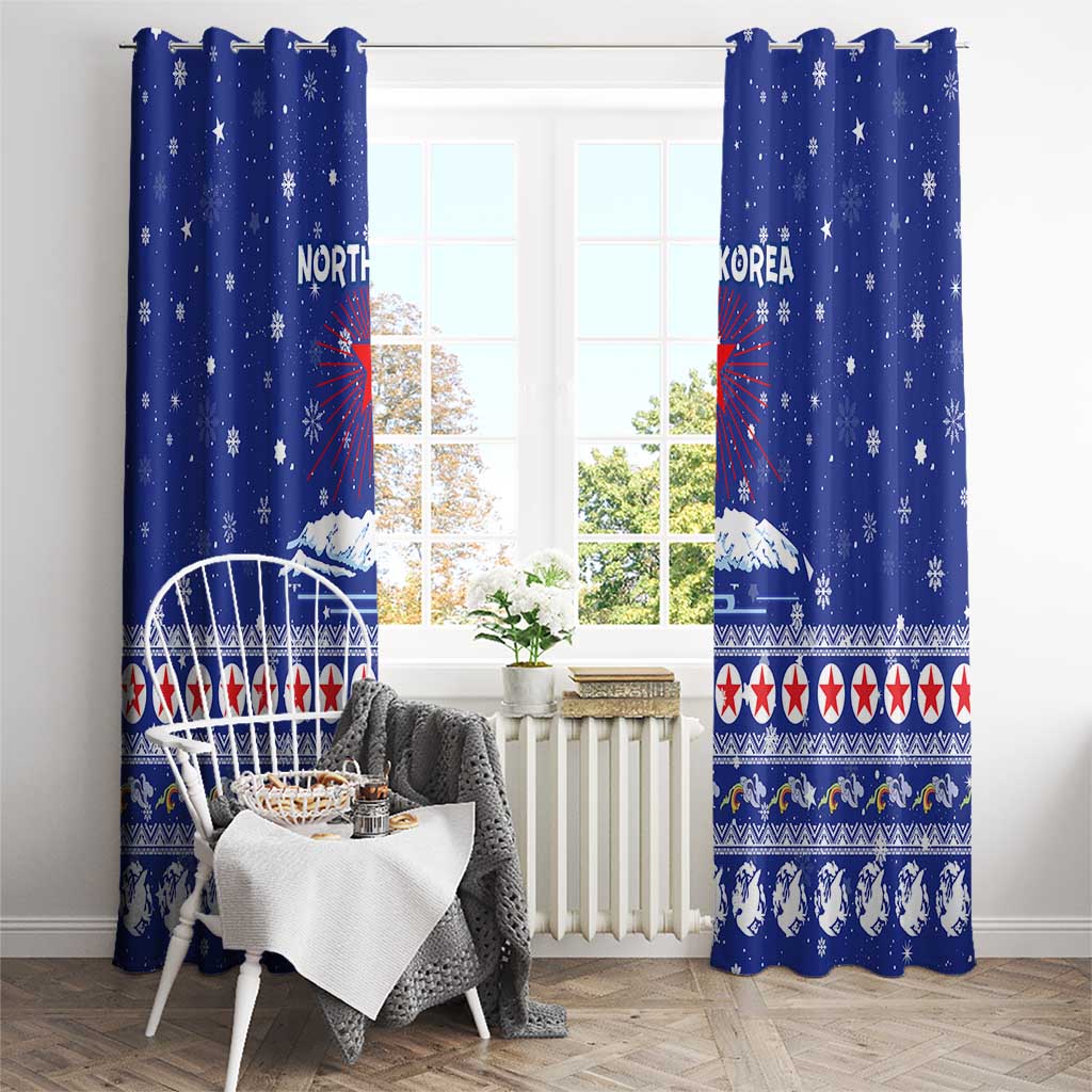 North Korea Christmas Window Curtain with Blue Pattern, Red Star, and Snowy Mountain Motif - Wonder Print Shop