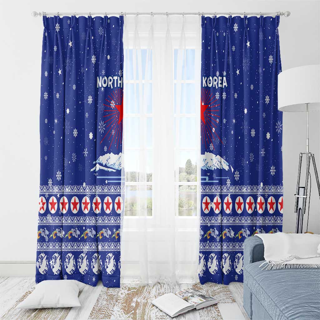 North Korea Christmas Window Curtain with Blue Pattern, Red Star, and Snowy Mountain Motif - Wonder Print Shop