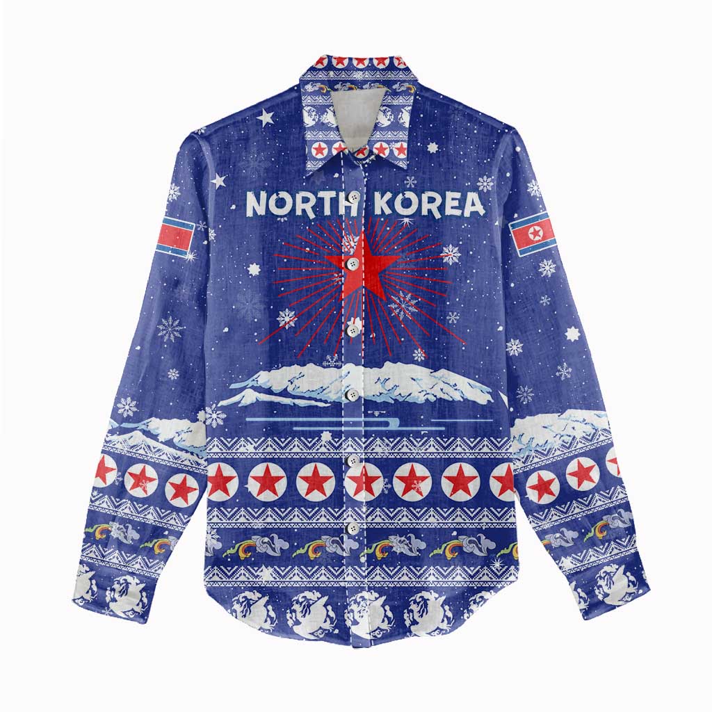 North Korea Christmas Women Casual Shirt with Blue Pattern, Red Star, and Snowy Mountain Motif - Wonder Print Shop