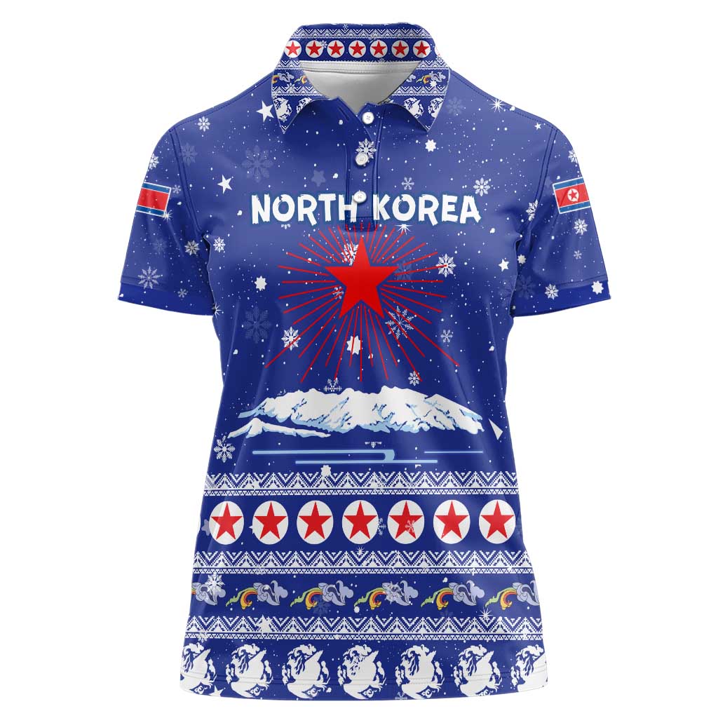 North Korea Christmas Women Polo Shirt with Blue Pattern, Red Star, and Snowy Mountain Motif - Wonder Print Shop