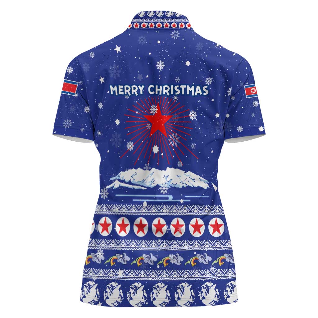 North Korea Christmas Women Polo Shirt with Blue Pattern, Red Star, and Snowy Mountain Motif - Wonder Print Shop