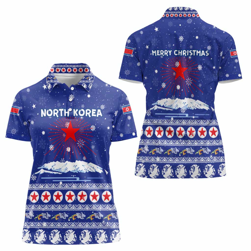 North Korea Christmas Women Polo Shirt with Blue Pattern, Red Star, and Snowy Mountain Motif - Wonder Print Shop
