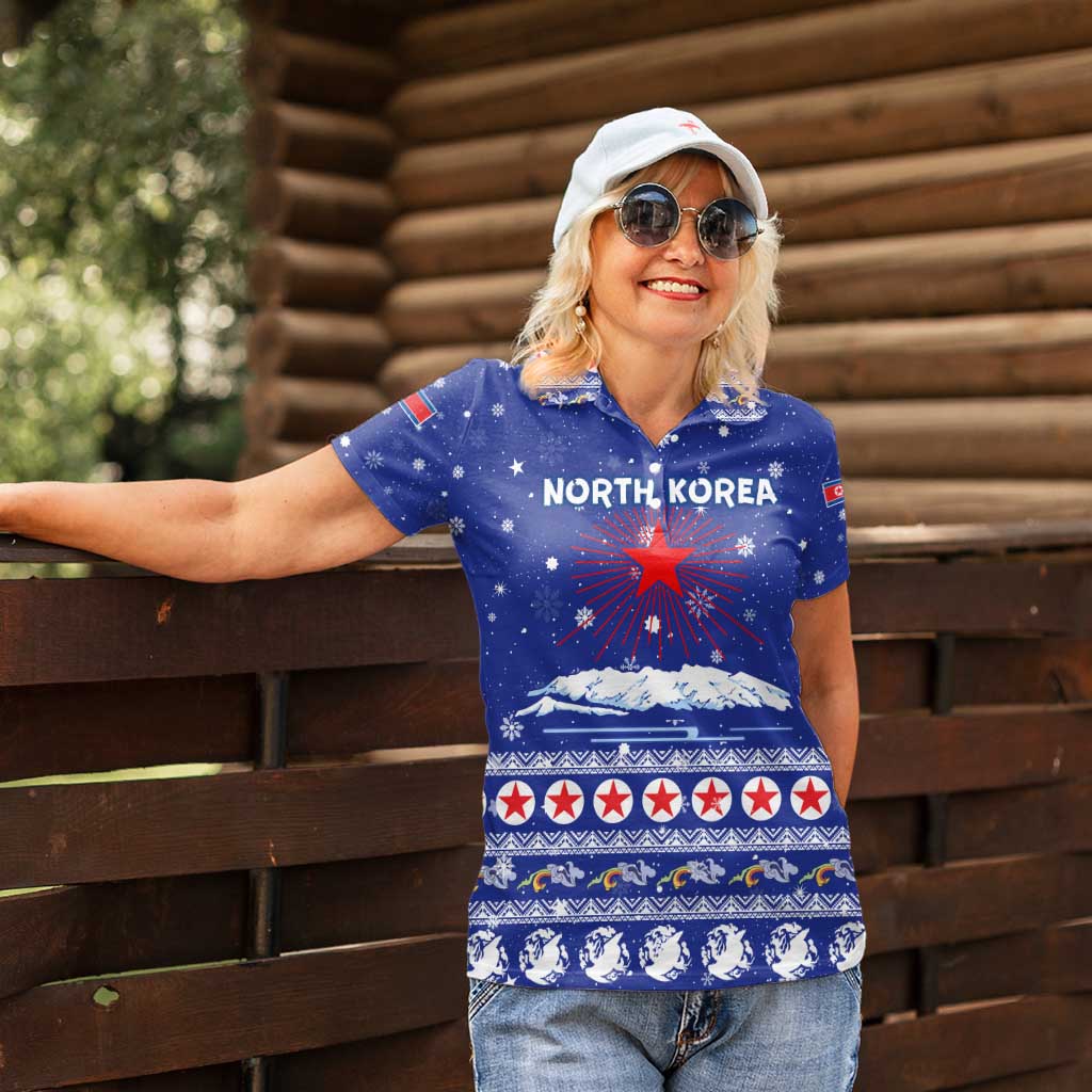 North Korea Christmas Women Polo Shirt with Blue Pattern, Red Star, and Snowy Mountain Motif - Wonder Print Shop