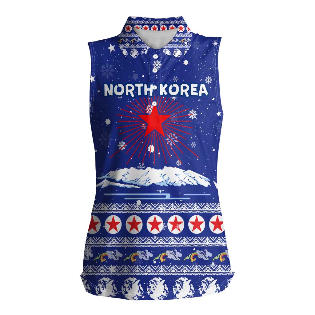 North Korea Christmas Women Sleeveless Polo Shirt with Blue Pattern, Red Star, and Snowy Mountain Motif - Wonder Print Shop