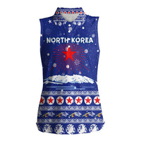 North Korea Christmas Women Sleeveless Polo Shirt with Blue Pattern, Red Star, and Snowy Mountain Motif - Wonder Print Shop