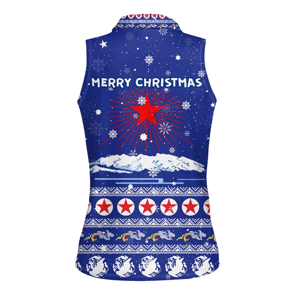 North Korea Christmas Women Sleeveless Polo Shirt with Blue Pattern, Red Star, and Snowy Mountain Motif - Wonder Print Shop