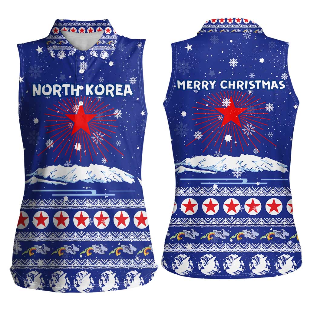 North Korea Christmas Women Sleeveless Polo Shirt with Blue Pattern, Red Star, and Snowy Mountain Motif - Wonder Print Shop