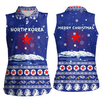 North Korea Christmas Women Sleeveless Polo Shirt with Blue Pattern, Red Star, and Snowy Mountain Motif - Wonder Print Shop