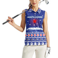 North Korea Christmas Women Sleeveless Polo Shirt with Blue Pattern, Red Star, and Snowy Mountain Motif - Wonder Print Shop