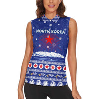 North Korea Christmas Women Sleeveless Polo Shirt with Blue Pattern, Red Star, and Snowy Mountain Motif - Wonder Print Shop