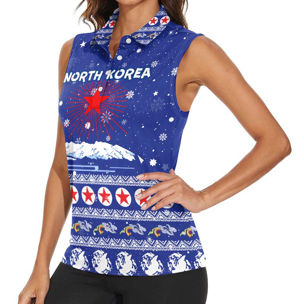 North Korea Christmas Women Sleeveless Polo Shirt with Blue Pattern, Red Star, and Snowy Mountain Motif - Wonder Print Shop