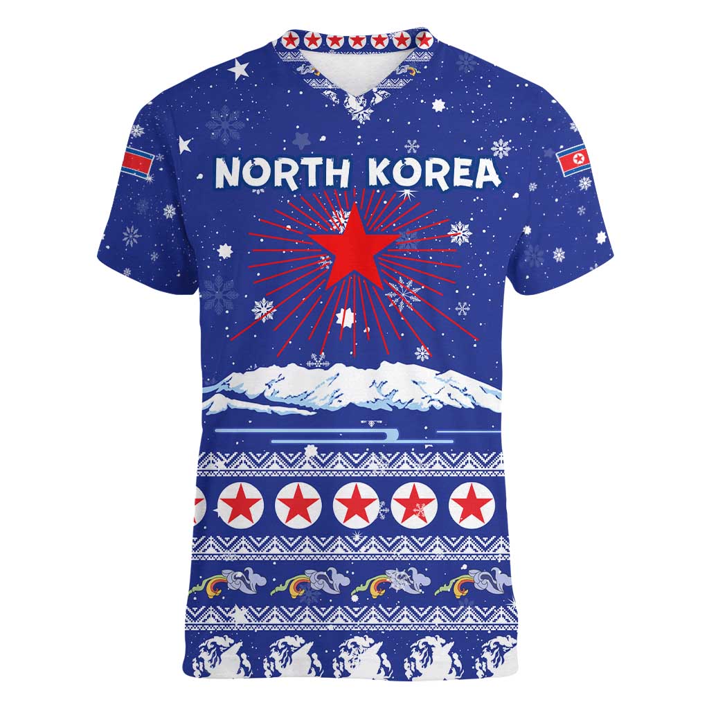North Korea Christmas Women V-Neck T-Shirt with Blue Pattern, Red Star, and Snowy Mountain Motif - Wonder Print Shop
