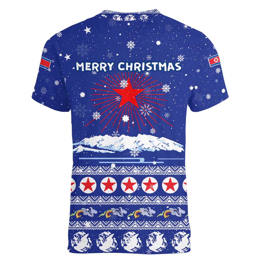 North Korea Christmas Women V-Neck T-Shirt with Blue Pattern, Red Star, and Snowy Mountain Motif - Wonder Print Shop