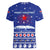 North Korea Christmas Women V-Neck T-Shirt with Blue Pattern, Red Star, and Snowy Mountain Motif - Wonder Print Shop