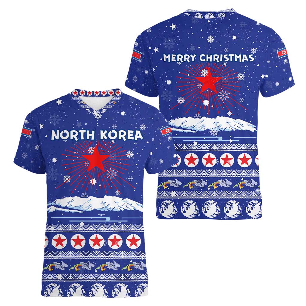 North Korea Christmas Women V-Neck T-Shirt with Blue Pattern, Red Star, and Snowy Mountain Motif - Wonder Print Shop