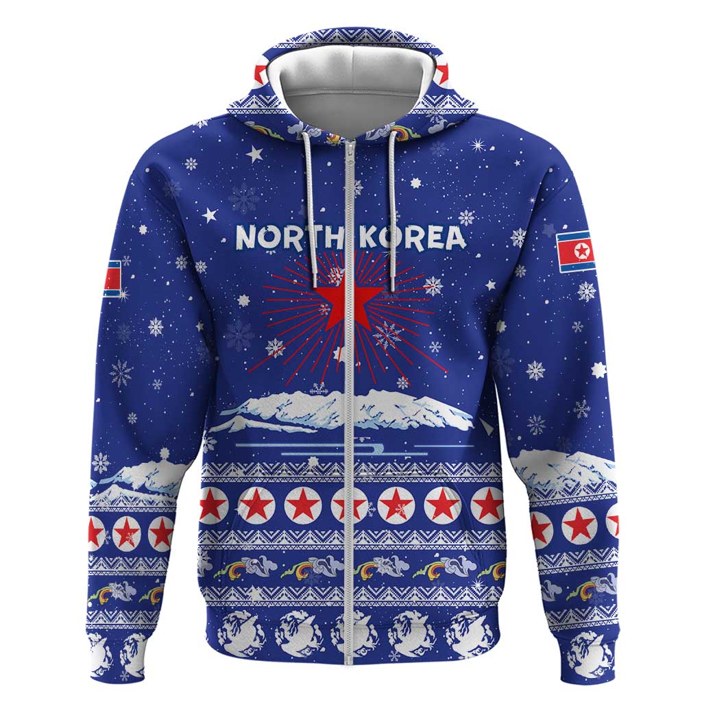 North Korea Christmas Zip Hoodie with Blue Pattern, Red Star, and Snowy Mountain Motif - Wonder Print Shop