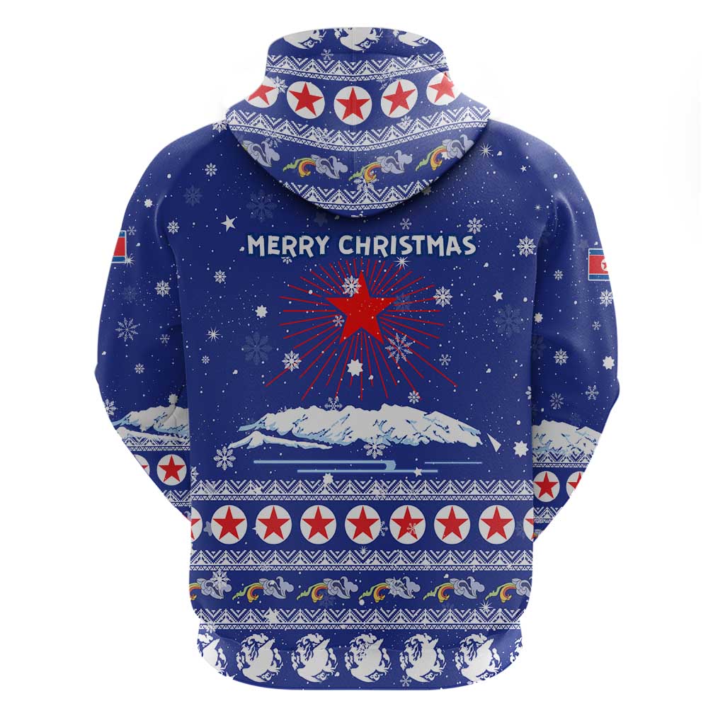 North Korea Christmas Zip Hoodie with Blue Pattern, Red Star, and Snowy Mountain Motif - Wonder Print Shop