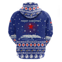 North Korea Christmas Zip Hoodie with Blue Pattern, Red Star, and Snowy Mountain Motif - Wonder Print Shop