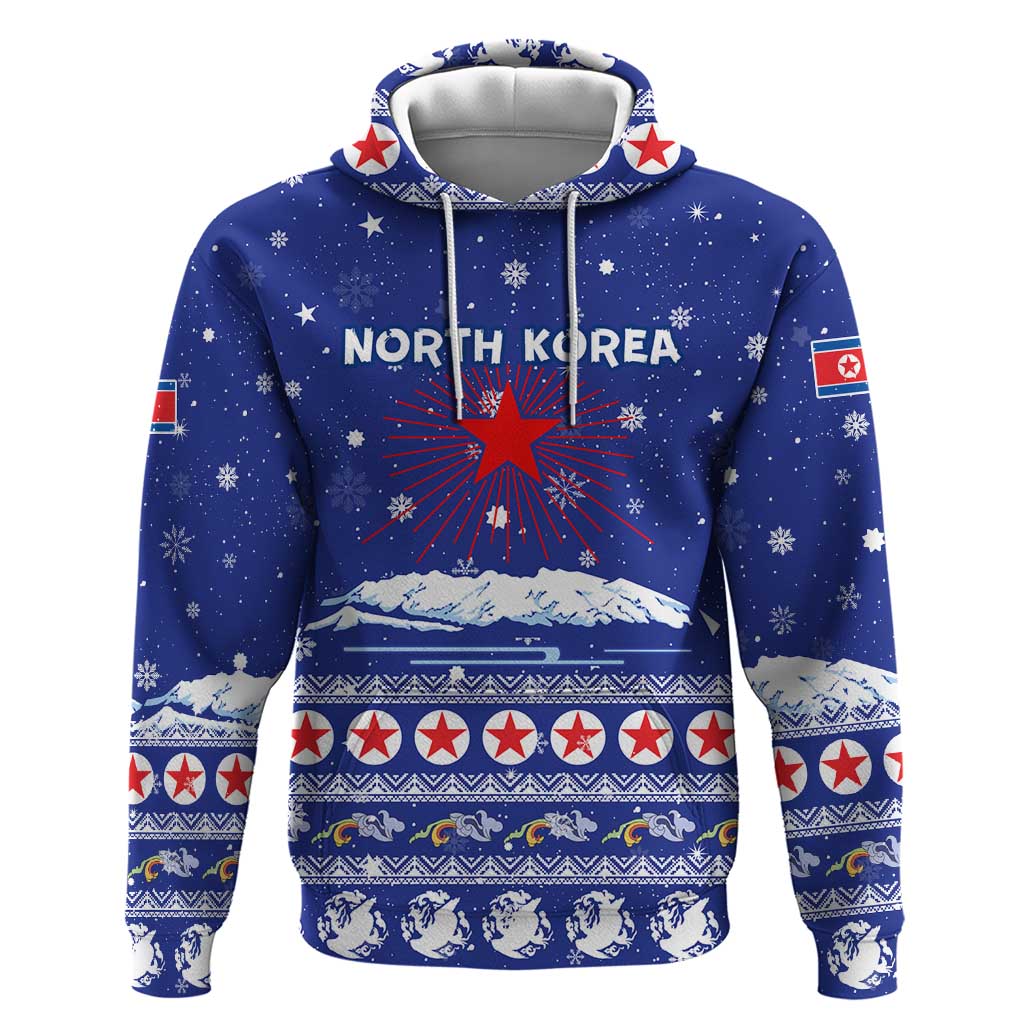 North Korea Christmas Zip Hoodie with Blue Pattern, Red Star, and Snowy Mountain Motif - Wonder Print Shop