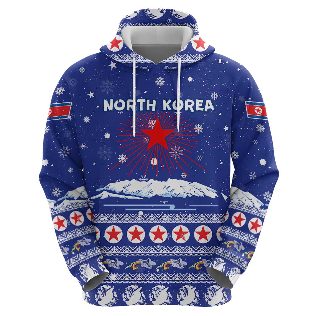 North Korea Christmas Zip Hoodie with Blue Pattern, Red Star, and Snowy Mountain Motif - Wonder Print Shop