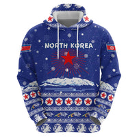 North Korea Christmas Zip Hoodie with Blue Pattern, Red Star, and Snowy Mountain Motif - Wonder Print Shop