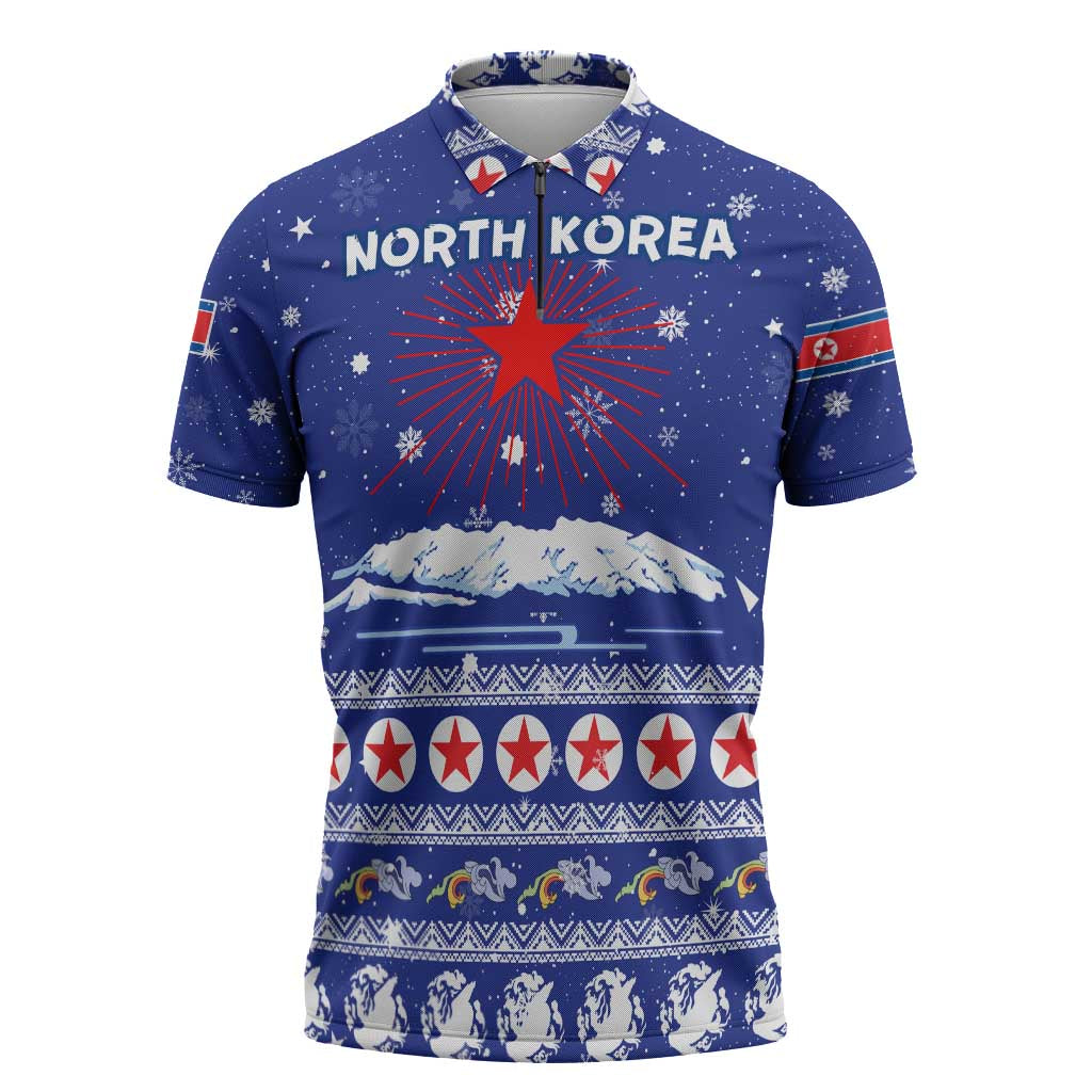 North Korea Christmas Zipper Polo Shirt with Blue Pattern, Red Star, and Snowy Mountain Motif - Wonder Print Shop