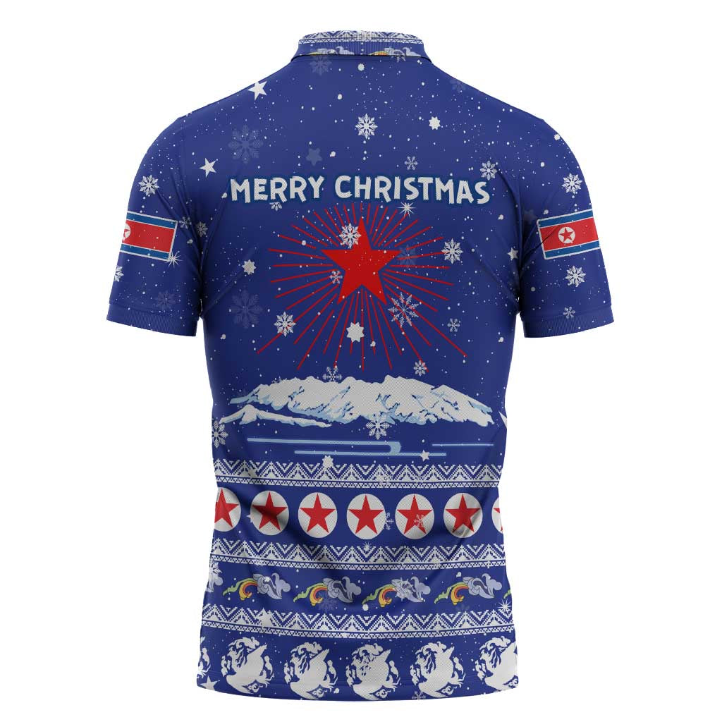 North Korea Christmas Zipper Polo Shirt with Blue Pattern, Red Star, and Snowy Mountain Motif - Wonder Print Shop
