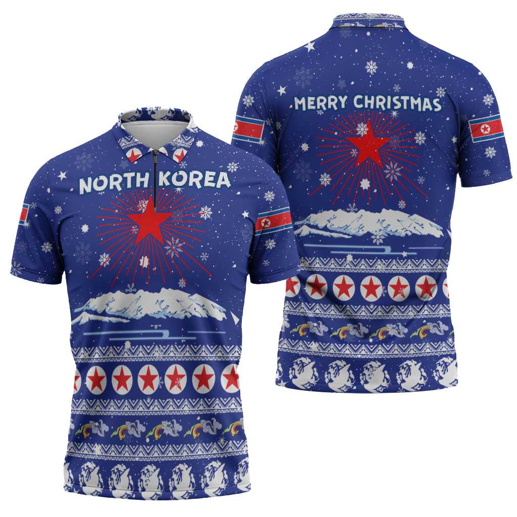 North Korea Christmas Zipper Polo Shirt with Blue Pattern, Red Star, and Snowy Mountain Motif - Wonder Print Shop