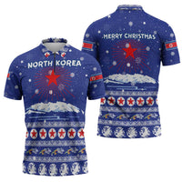 North Korea Christmas Zipper Polo Shirt with Blue Pattern, Red Star, and Snowy Mountain Motif - Wonder Print Shop