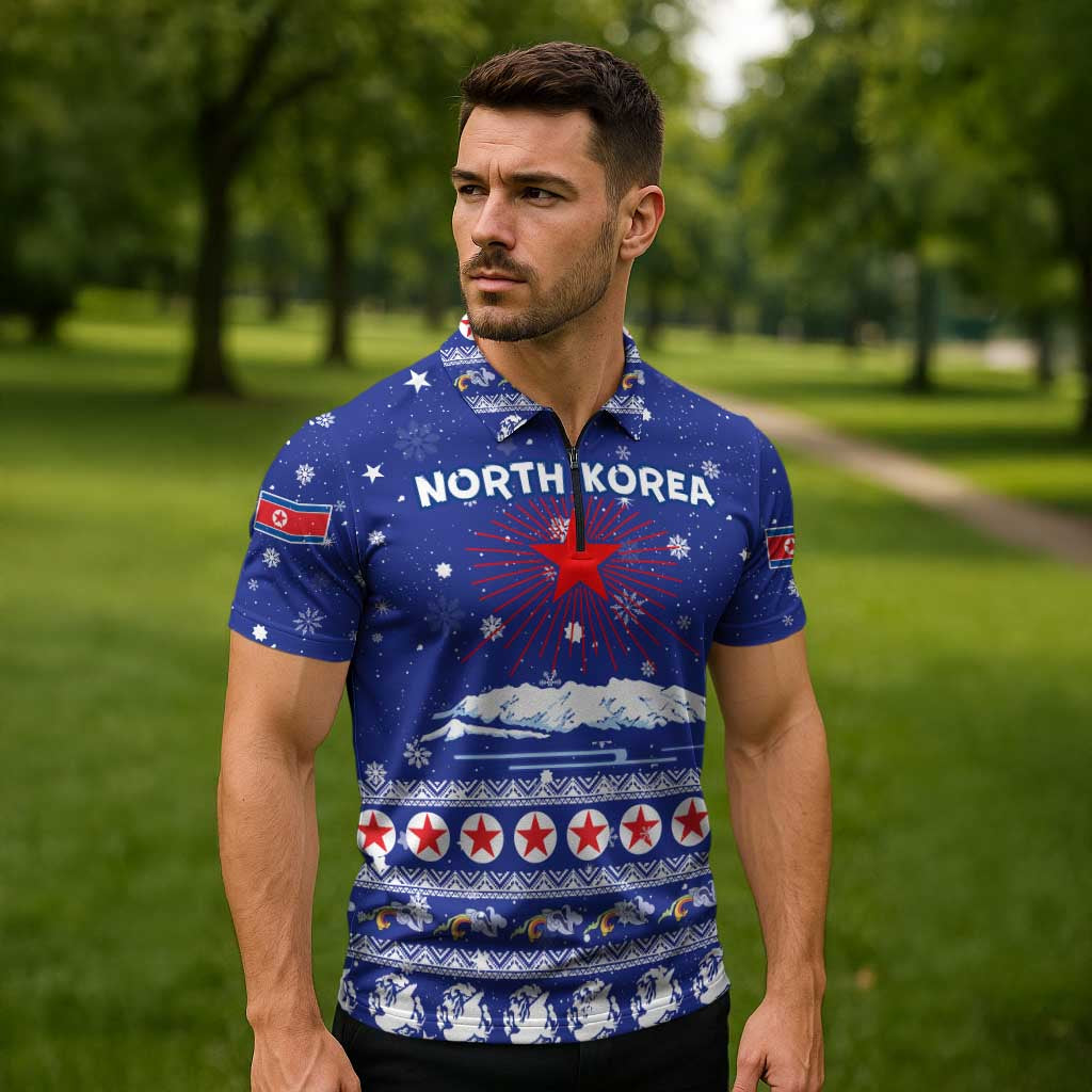 North Korea Christmas Zipper Polo Shirt with Blue Pattern, Red Star, and Snowy Mountain Motif - Wonder Print Shop