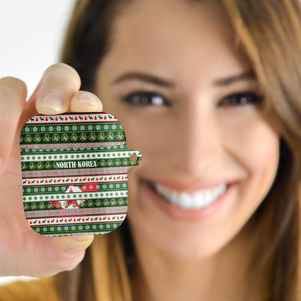 North Korea Christmas AirPods Case with Green-Red Design, National Emblem, and Festive Snowflake Motif - Wonder Print Shop