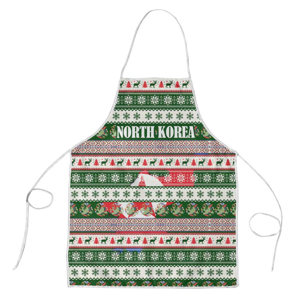 North Korea Christmas Apron with Green-Red Design, National Emblem, and Festive Snowflake Motif - Wonder Print Shop