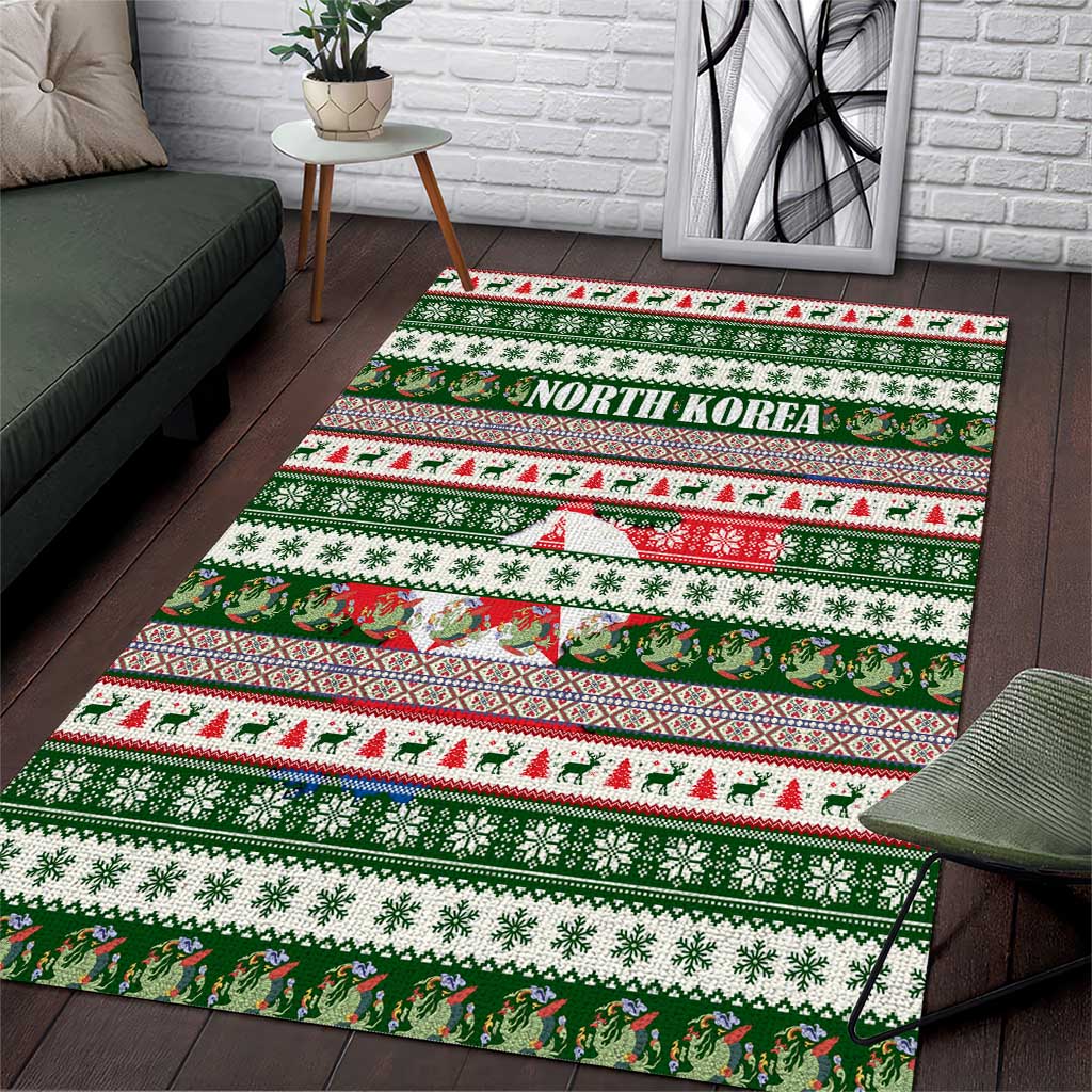 North Korea Christmas Area Rug with Green-Red Design, National Emblem, and Festive Snowflake Motif - Wonder Print Shop