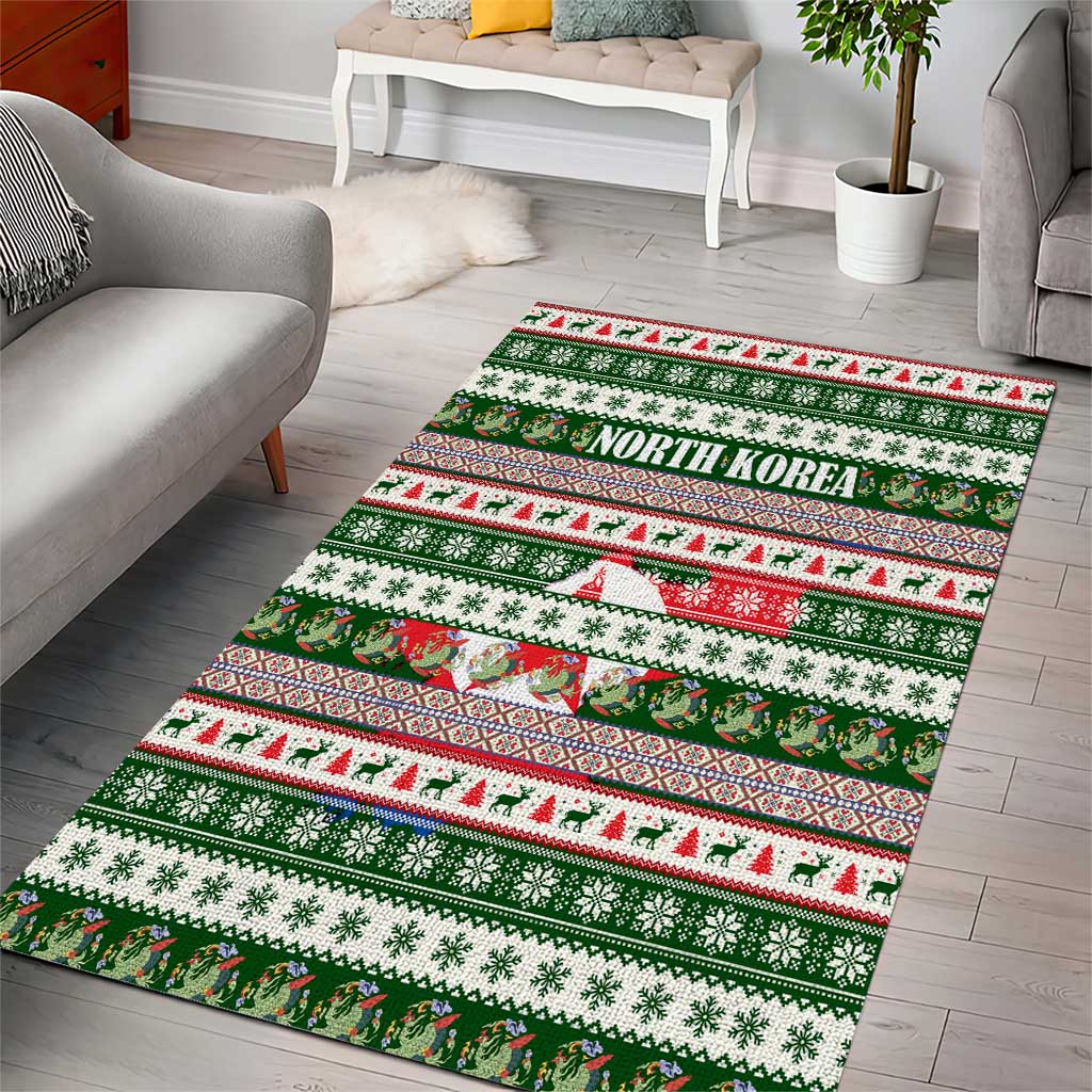 North Korea Christmas Area Rug with Green-Red Design, National Emblem, and Festive Snowflake Motif - Wonder Print Shop