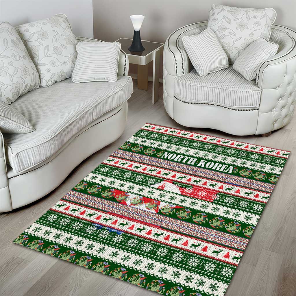 North Korea Christmas Area Rug with Green-Red Design, National Emblem, and Festive Snowflake Motif - Wonder Print Shop