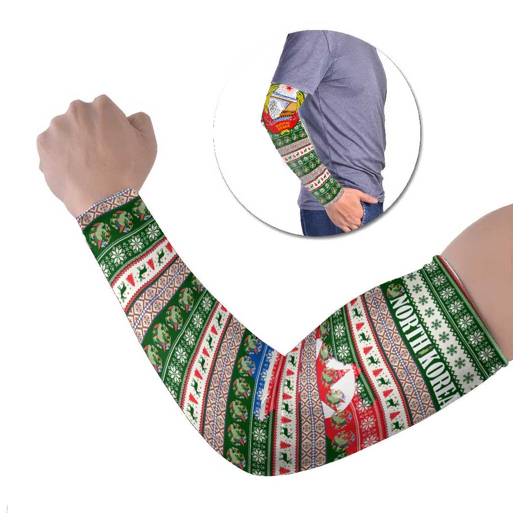 North Korea Christmas Arm Sleeves with Green-Red Design, National Emblem, and Festive Snowflake Motif - Wonder Print Shop