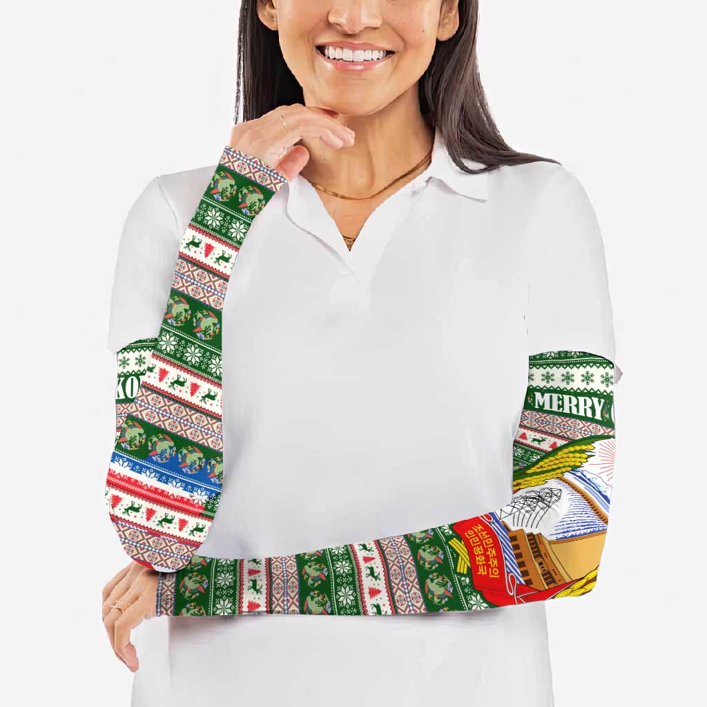 North Korea Christmas Arm Sleeves with Green-Red Design, National Emblem, and Festive Snowflake Motif - Wonder Print Shop