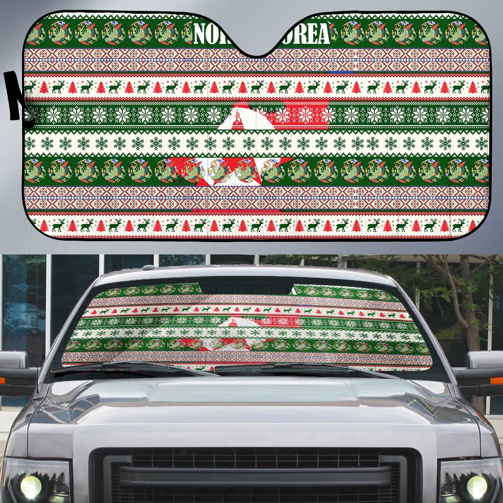 North Korea Christmas Auto Sun Shade with Green-Red Design, National Emblem, and Festive Snowflake Motif - Wonder Print Shop