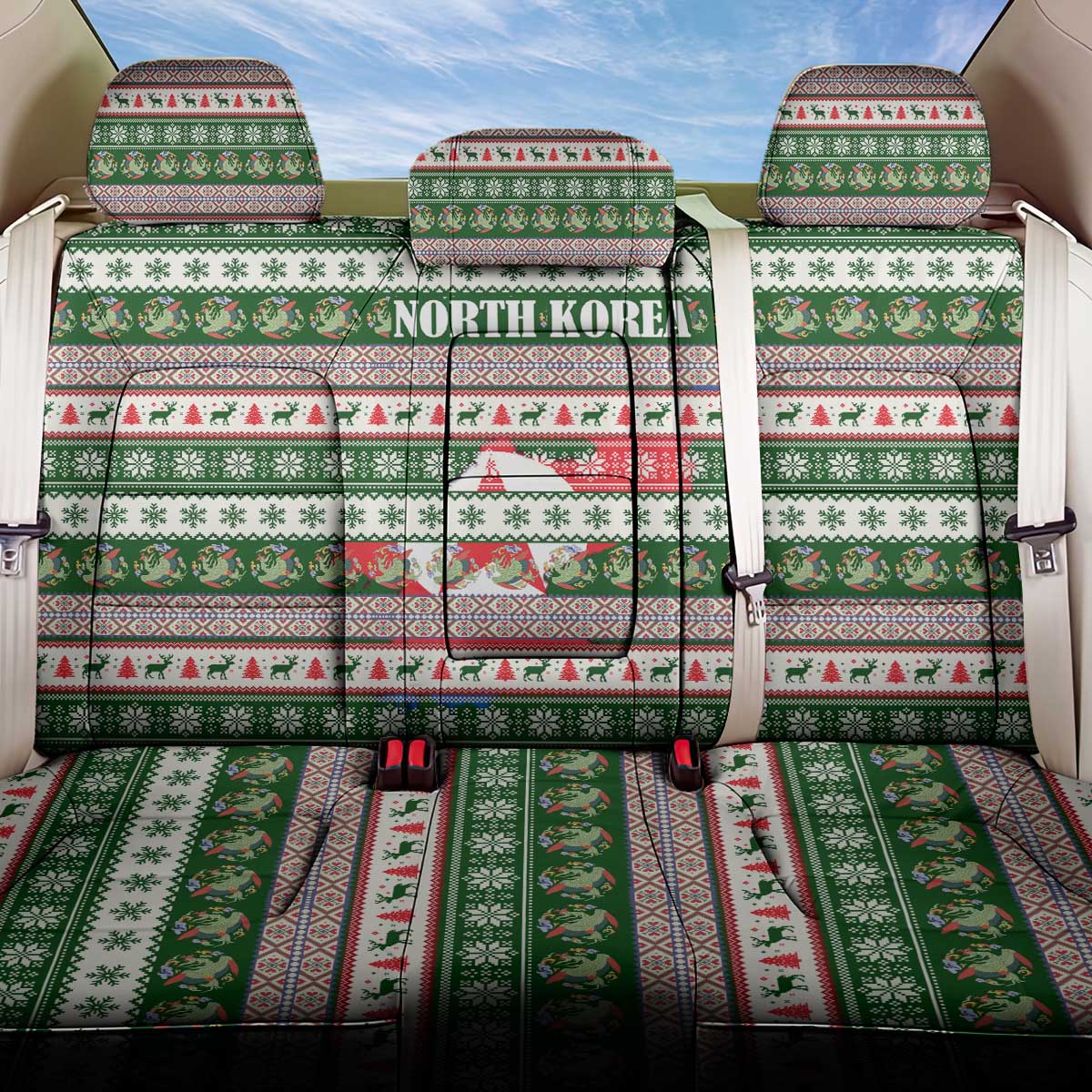 North Korea Christmas Back Car Seat Cover with Green-Red Design, National Emblem, and Festive Snowflake Motif - Wonder Print Shop