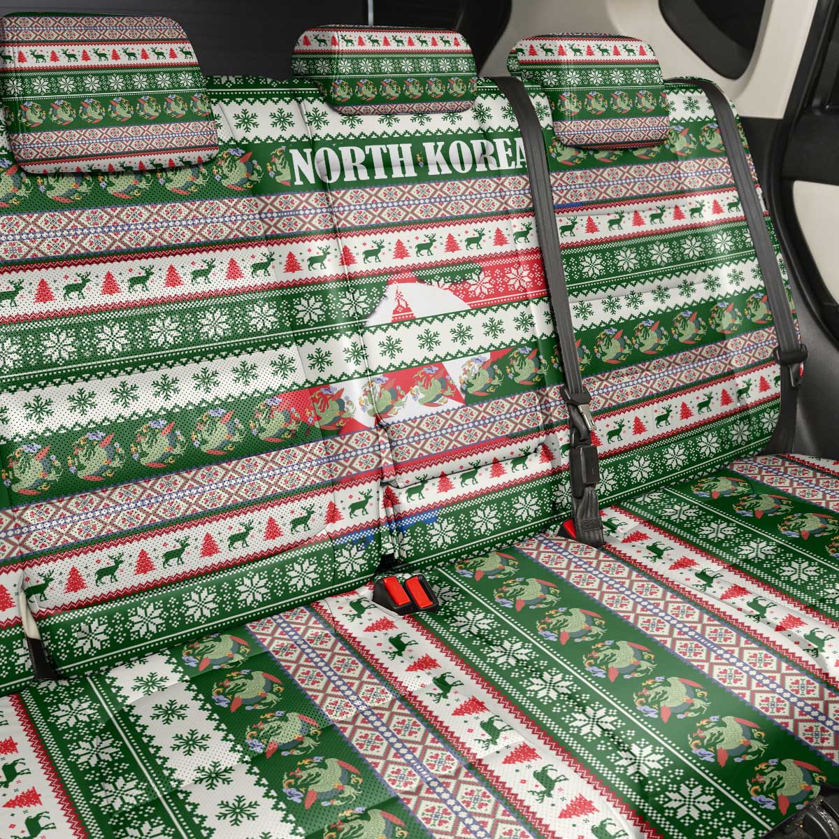 North Korea Christmas Back Car Seat Cover with Green-Red Design, National Emblem, and Festive Snowflake Motif - Wonder Print Shop
