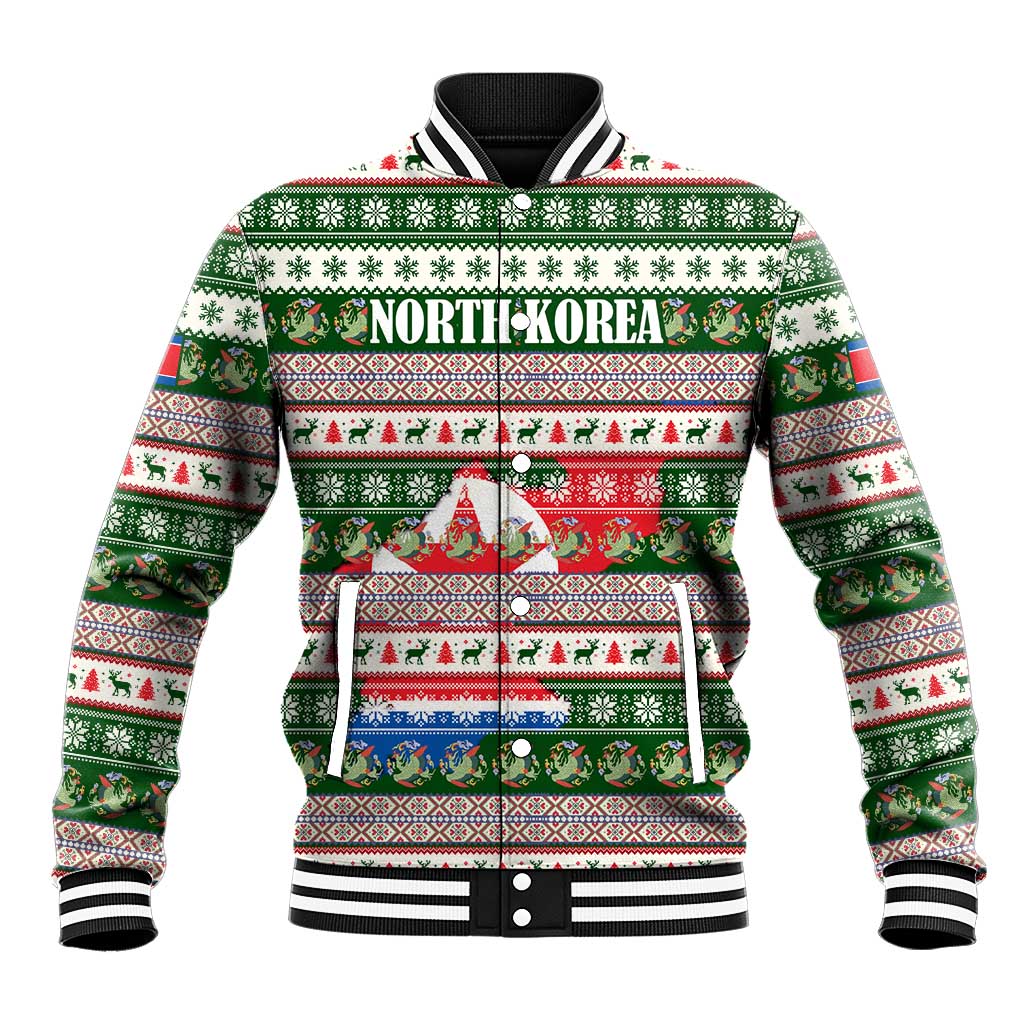 North Korea Christmas Baseball Jacket with Green-Red Design, National Emblem, and Festive Snowflake Motif - Wonder Print Shop