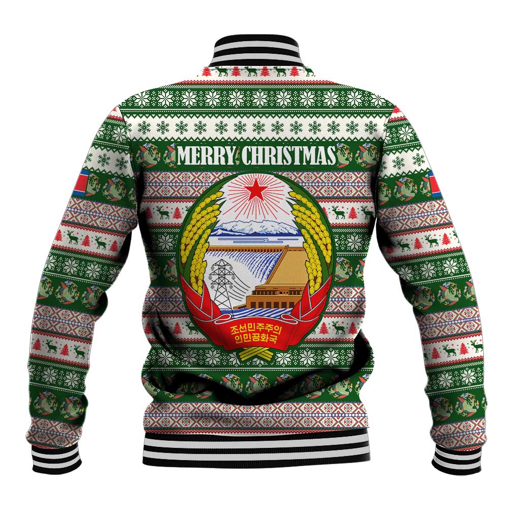 North Korea Christmas Baseball Jacket with Green-Red Design, National Emblem, and Festive Snowflake Motif - Wonder Print Shop