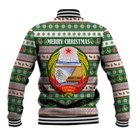 North Korea Christmas Baseball Jacket with Green-Red Design, National Emblem, and Festive Snowflake Motif - Wonder Print Shop